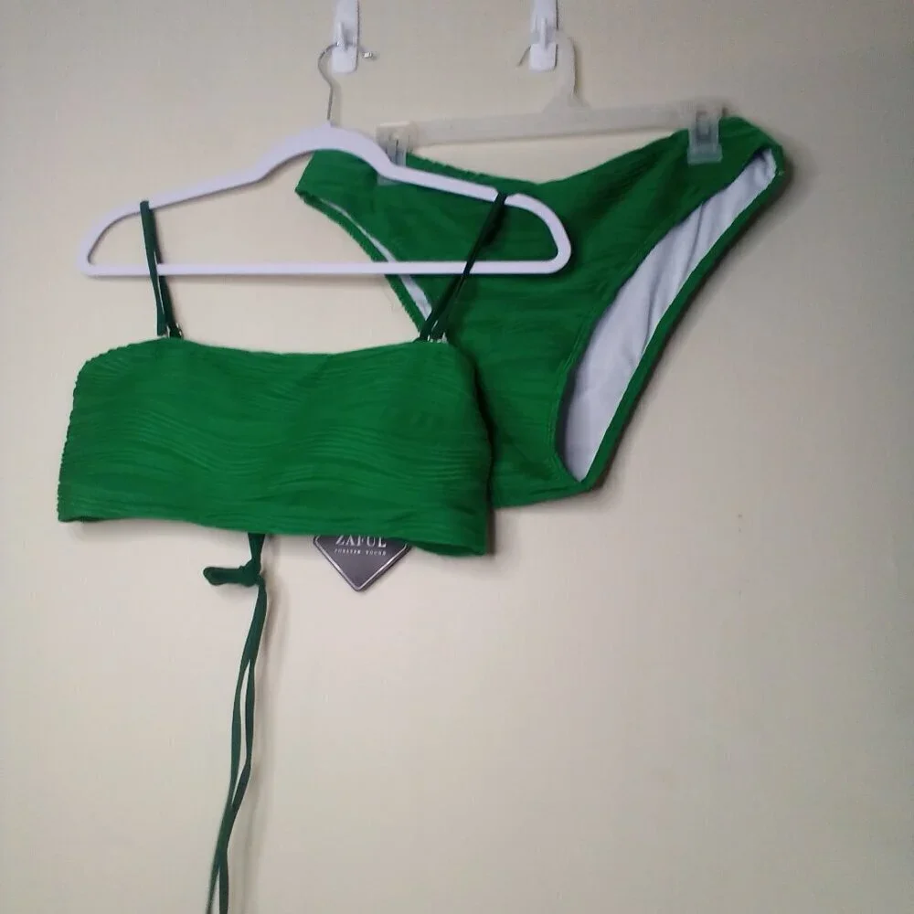 Zaful Swimsuit Bikini Women XL 2 Piece High Rise Ribbed Textured Green